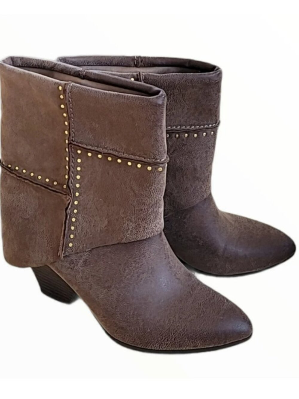 FERGIE Gold Tone Studded Faux Leather Pointed Toe Heeled Boots